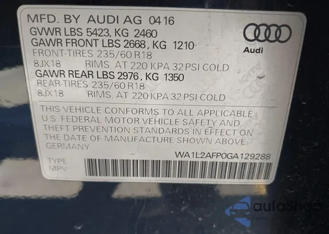2016 Audi Q5 Premium Plus z USA, uszkodzony, nr VIN WA1L2AFP0GA129288